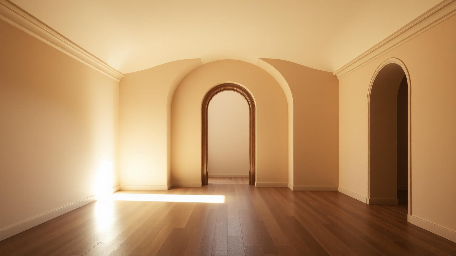 Soft sunlight falling through arched doorways in an empty room
